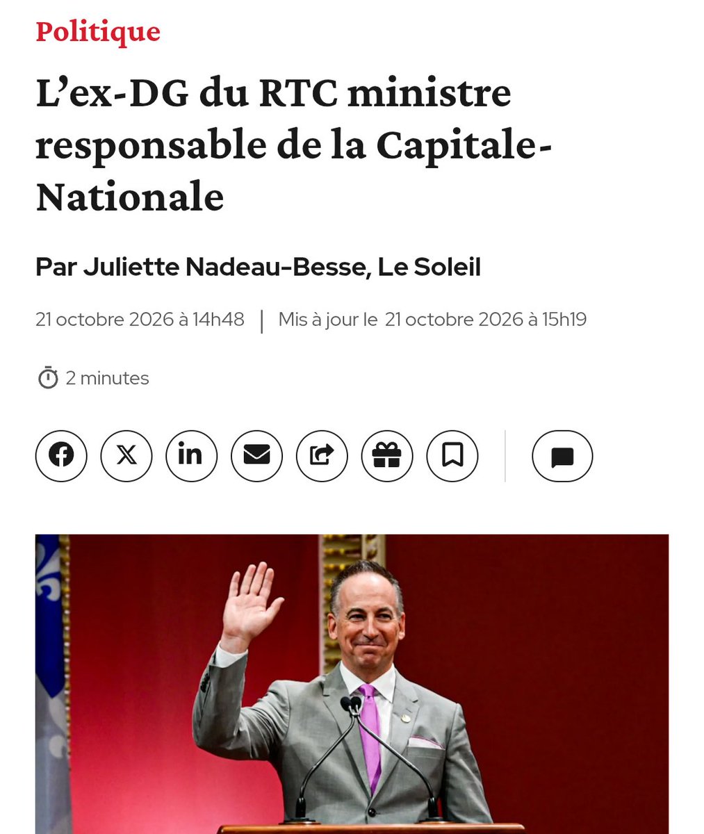 1a_jftt02518's tweet photo. En représailles aux résultats du 5 octobre, où le PQ n’a élu aucun député dans la Capitale-Nationale, une première historique pour le parti au pouvoir, le Parti Québécois offre une gifle à la région de Québec.

Il nomme Nicolas Girard ministre responsable de la Capitale-Nationale (en plus des Transports et des Affaires municipales).

Qui est Nicolas Girard?
Un député parachuté de la grande région de Montréal (Repentigny), ancien député de Gouin (Montréal) de 2004 à 2012. De 2022 à 2026, il a été directeur général du RTC. 

Sous sa gouvernance, le RTC a terminé 9e sur 10 dans l’audit de performance financière des sociétés de transport du Québec réalisé par Raymond Chabot Grant Thornton en 2024.

Selon les dires, même lorsqu'il était DG du RTC, ses passages à Québec étaient brefs.