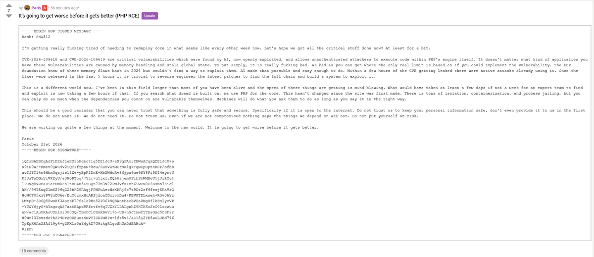 DarkWebInformer's tweet photo. A look at critical PHP vulnerabilities from a darknet forum operator's perspective, revealing just how quickly new exploits are turning into real-world threats.

Dread Thread: https://dreadohblesmagfagqup24vw7catlvmqhhce5itz7wxr4vffgemjzaad[.]onion/post/14d9b2557ae62186394e https://t.co/jHYiUZNtcA