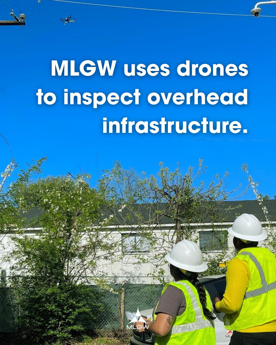 MLGW's tweet photo. #MLGW uses drone pilots to inspect overhead electric equipment. It is a more efficient way to assess our infrastructure so we can get in and make repairs/replace equipment. Working like this has helped us cut the number of outages in the Orange Mound area by around 50%! Drone pilots work M-F during regular business hours; they carry ID and drive vehicles that say "MLGW contractor" on the side. Customers call call 544-6549 to verify an MLGW drone pilot is working in their neighborhood.