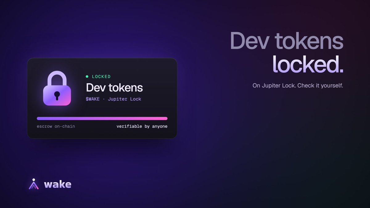 WakeLaunch's tweet photo. Dev tokens locked.

The $WAKE dev bag sits in a Jupiter Lock escrow. On-chain, public, and nobody can pull it early. Us included.

Check it yourself:
https://t.co/rdR2bCzPLm https://t.co/TVnS5aj86k