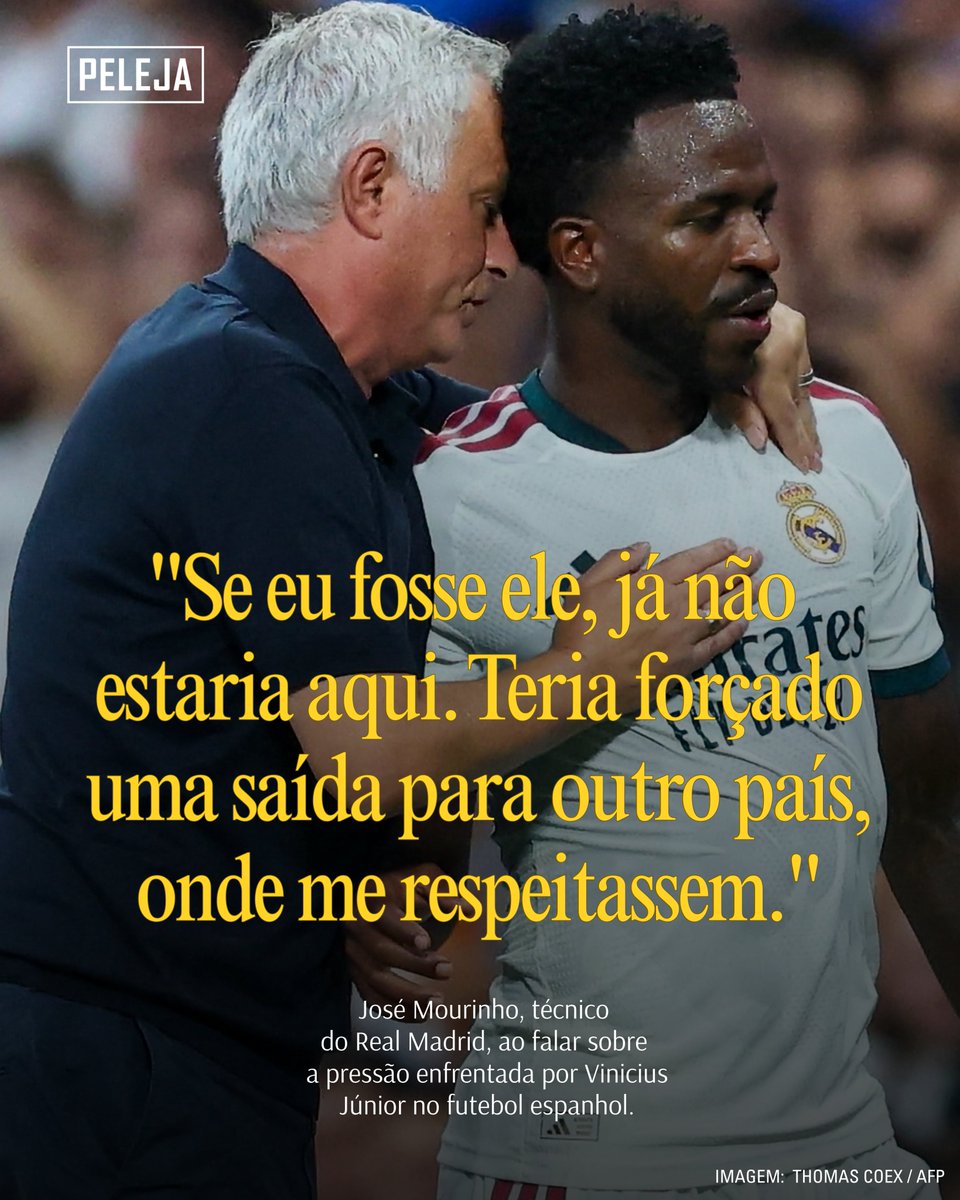 PELEJA's tweet photo. José Mourinho afirmou que teria deixado o Real Madrid caso estivesse na situação de Vinícius Júnior e disse admirar a forma como o brasileiro lida com a pressão. O técnico português afirmou que o atacante enfrenta um ambiente difícil e que, no lugar dele, teria buscado outro país para jogar. 

“Se eu estivesse no lugar dele, provavelmente já não continuaria aqui”, disse Mourinho. Segundo o treinador, Vinícius permaneceu no clube por lealdade e pelo vínculo com o Real Madrid, apesar das críticas, das vaias e dos episódios de racismo sofridos nos últimos anos.

Mourinho também comentou a suspensão de quatro partidas recebida por Vinícius depois da expulsão contra o Villarreal e disse que esperava uma punição ainda maior, considerando que há uma perseguição ao seu atleta. O treinador acrescentou que mantém conversas frequentes com o jogador e destacou sua capacidade de seguir em frente “com um sorriso”.

#JoséMourinho #ViníciusJr #ViniJr #RealMadrid #Espanha