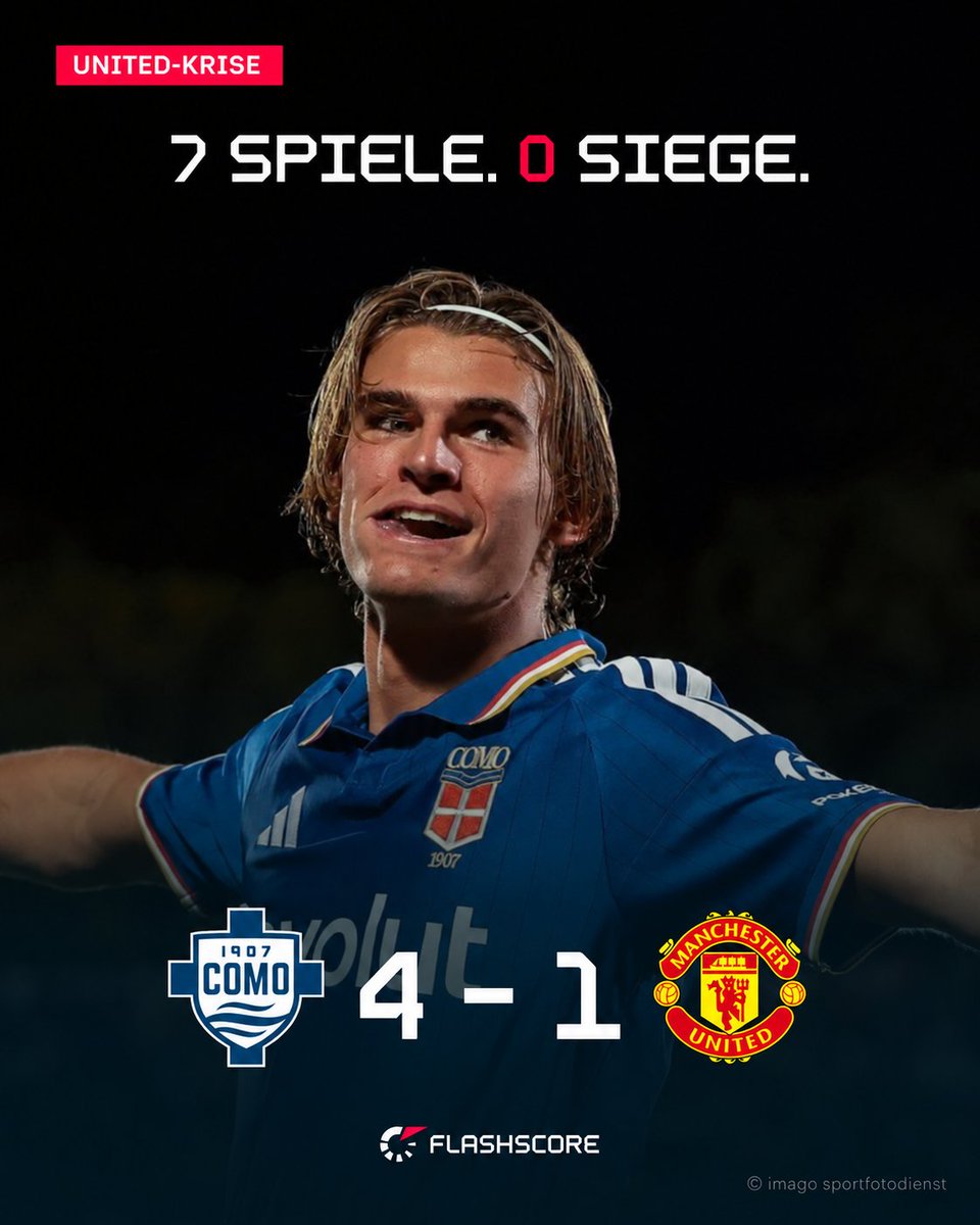 FlashscoreDE's tweet photo. 😬 Manchester United: 7 Spiele. 0 Siege.

1:4 in Como. Die Red Devils werden am Comer See vorgeführt: Nico Paz trifft doppelt (2., 57.), dazu Douvikas (49.) und Ramón (76.). Zirkzees Tor in der Nachspielzeit ist nur Kosmetik. 🫠

Und Como? Erst 4:1 gegen Leipzig, jetzt 4:1 gegen United. Fàbregas’ Team steht nach drei Spieltagen bei sechs Punkten. 🇮🇹🔥

Wie tief ist die United-Krise wirklich? 👇
🔴 Nur eine Delle
⚫ Das wird nichts mehr diese Saison

#MUFC #Como #ChampionsLeague