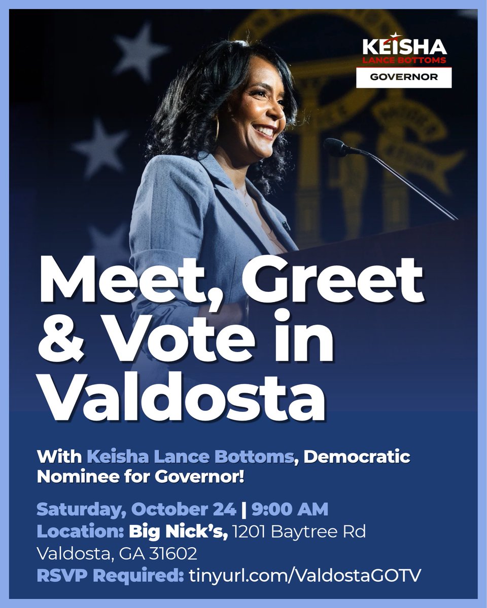 KeishaForGA's tweet photo. Hey Georgia! 🍑 Meet and early vote with Keisha Lance Bottoms in Thomasville and Valdosta this week!

Every single vote counts in this election. 🗳️ Swipe through to find your local event and RSVP today! https://t.co/hKKKDUBywl