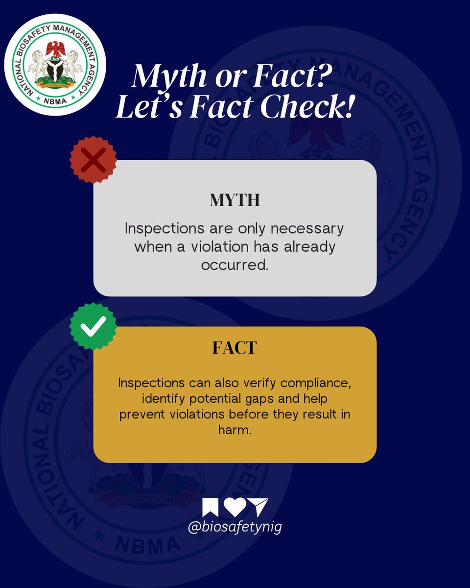 BiosafetyNig's tweet photo. Inspection, enforcement and oversight are required mandates of the NBMA. Learn more about the facts below ⬇️ https://t.co/hAr0Fbm1YW