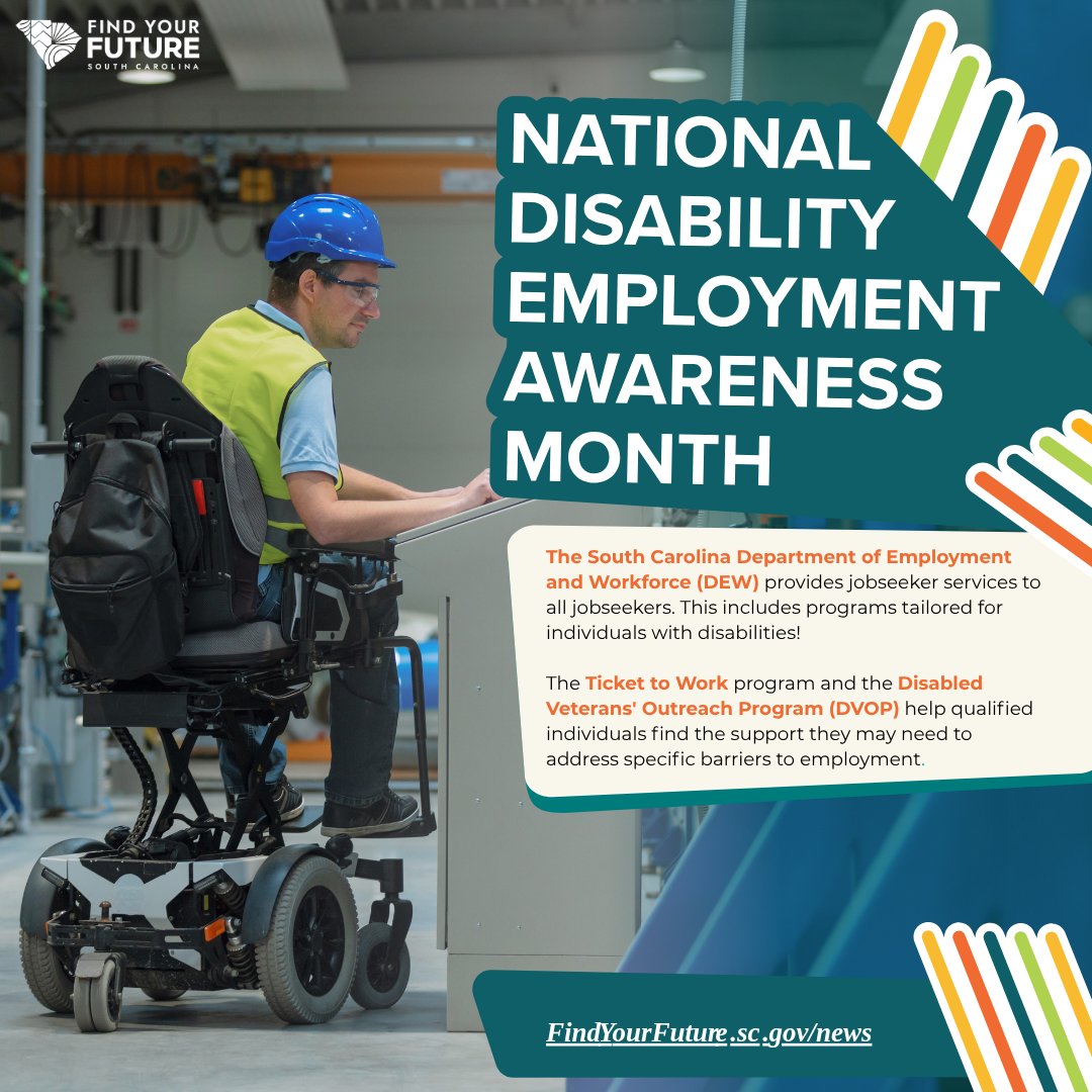 FYFSC's tweet photo. October is National Disability Employment Awareness Month, and we want to celebrate by shining the spotlight on some of the ways CCWD partner agencies work to ensure we provide well-rounded education and workforce opportunities to people with disabilities in South Carolina.

The South Carolina Department of Employment and Workforce (DEW, @SCDEWinfo) provides jobseeker services to all jobseekers. This includes programs tailored for individuals with disabilities! Its Ticket to Work program aims to help people receiving Social Security Disability Insurance and Supplemental Security Income access the training and job-search support they need. 

DEW's Disabled Veterans’ Outreach Program (DVOP) staff across the state manage cases for disabled veterans who need support finding education, training, and job opportunities, while providing comprehensive resources through SC Works partners.

DEW manages the Federal Bonding and Work Opportunity Tax Credit Programs, which provide financial incentives to employers who hire people facing significant employment barriers, including those with physical and intellectual disabilities!

Visit https://t.co/9vAwQ50x5X to learn more about the program shared in this post and explore https://t.co/gP9BrvorVm for more education and workforce resources!

#fyf #scdew #findyourfuture #DEW #CCWD #nationaldisabilityemploymentawarenessmonth #NDEAM #october