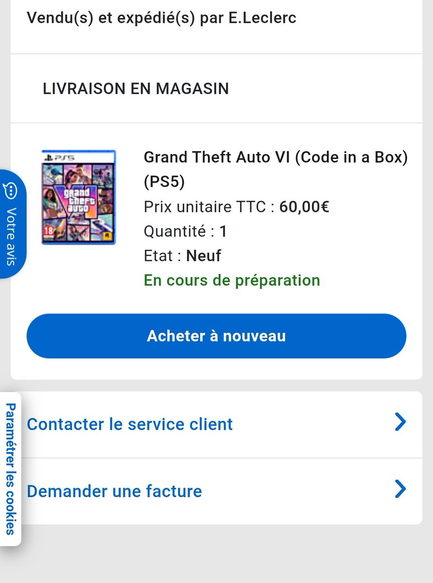 ROG_JV's tweet photo. Le suivi évolue un petit peu concernant GTA6 chez Leclerc pour moi, je viens de passer un cran "En cours de préparation". 
Ralala heureusement que l'on a le gaming pour oublier un peu le monde réel... https://t.co/xo9sJaKelR