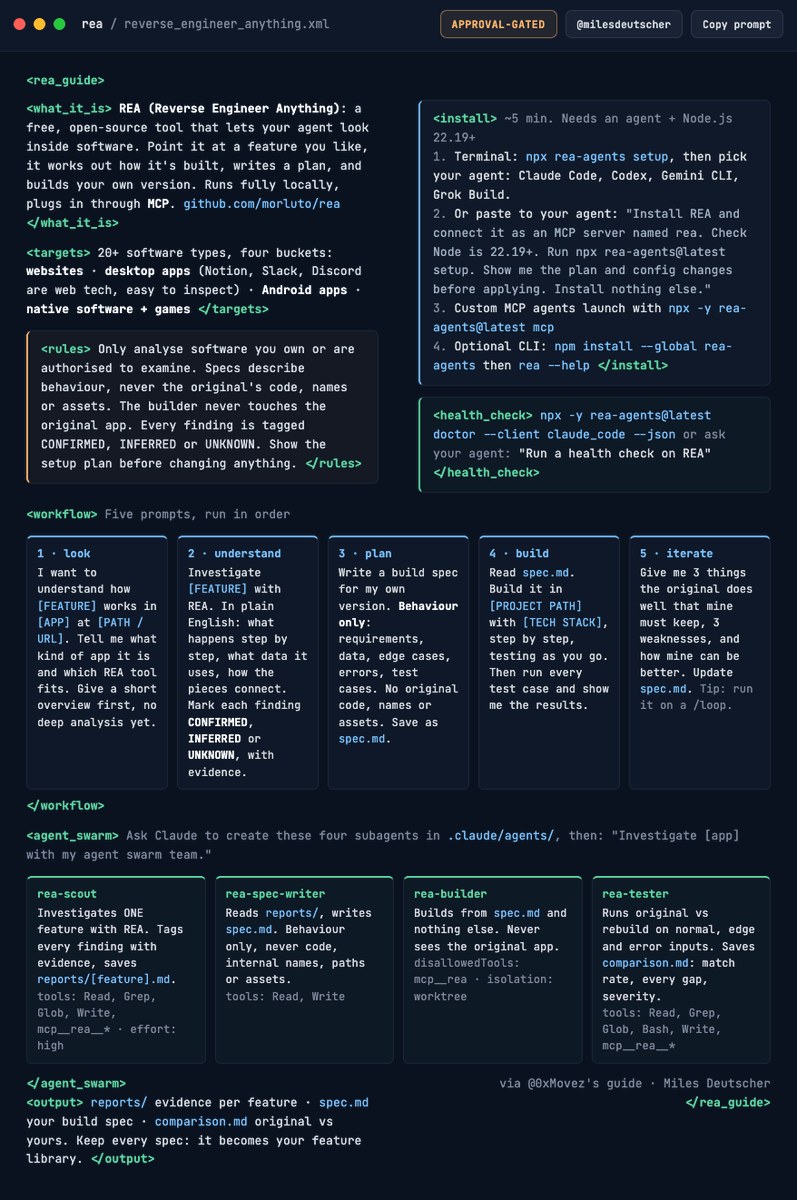 milesdeutscher's tweet photo. REA (Reverse Engineer Anything) is the most powerful GitHub repo I've ever used.

It's basically a legal way to hack websites and apps and steal their features; I've never seen anything like it.

If you inject this prompt into Claude, it will reverse-engineer anything.

Steal this: