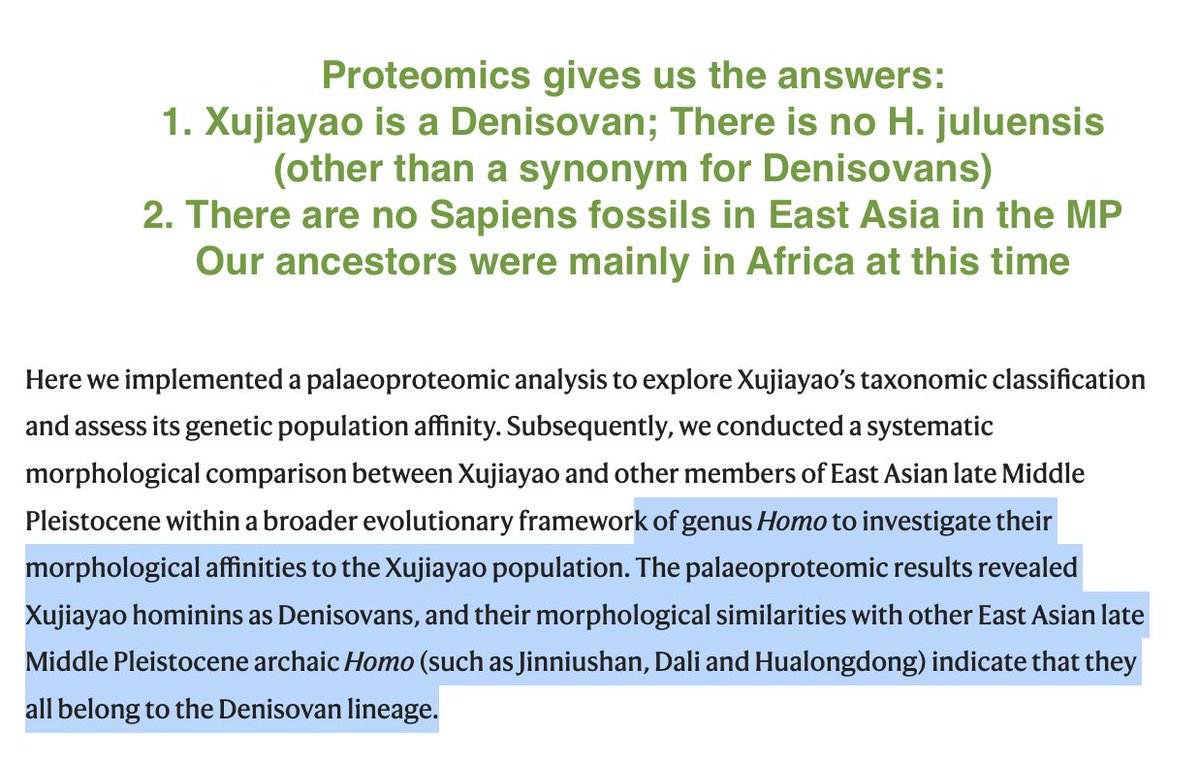 DanTabin's tweet photo. With so many Denisovans identified, I'm not that surprised that Xujiayao is a Denisovan; however this is a highly important paper as it refutes claims about it being a different species than the Harbin cranium, and refutes it being an early Sapiens (reinforcing OOA) https://t.co/ivWORlrGfC