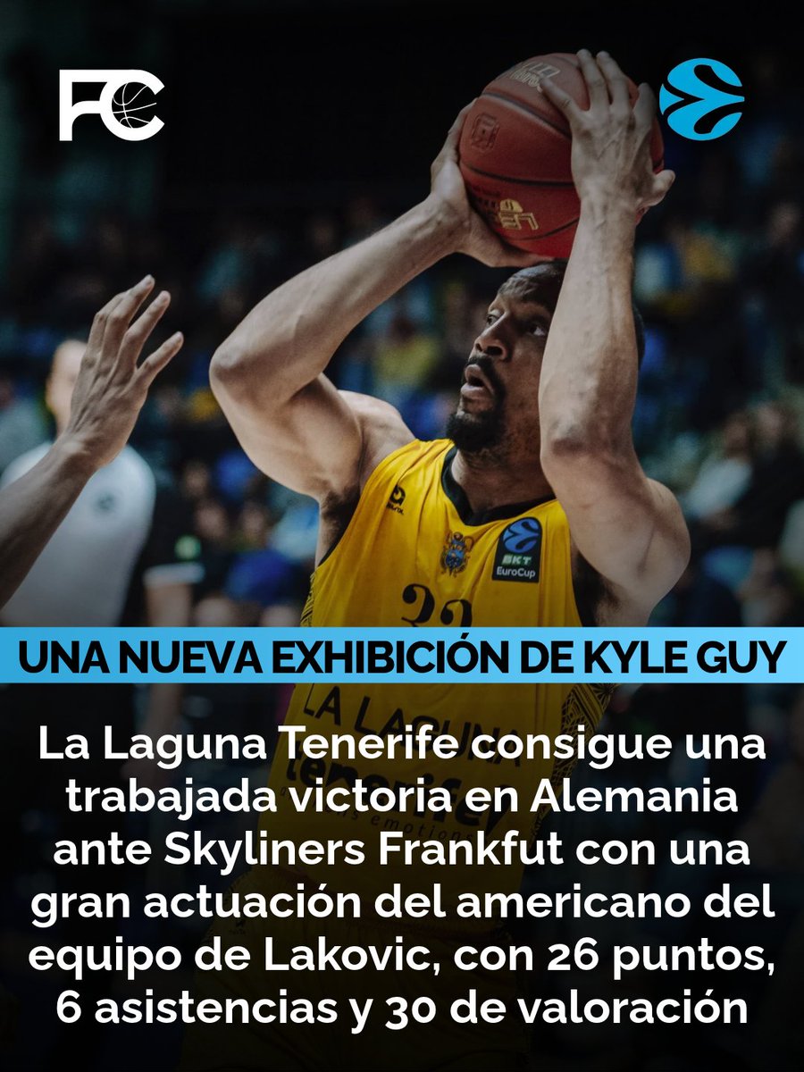 factor_cancha's tweet photo. 🏝️LA LAGUNA TENERIFE SIGUE CONSTRUYENDO EN LA EUROCUP

Gana en Alemania para estar entre los candidatos a ganar tras una gran actuación de Kyle Guy con 30 de valoración.

#baloncesto #acb #eurocup #tenerife #guy https://t.co/2LXYNHtgVr