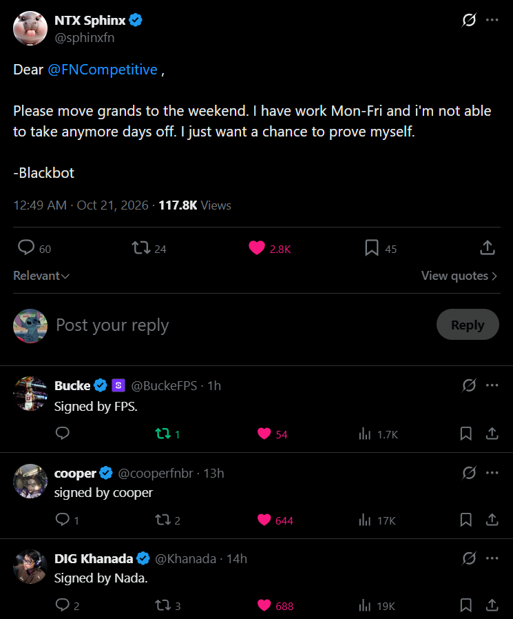 WebsterUpdate's tweet photo. Fortnite pros have started a PETITION to MOVE grand finals to the weekend😭‼️🚨

Do you want finals sooner or are you willing to wait? https://t.co/J7PrBEBr3S