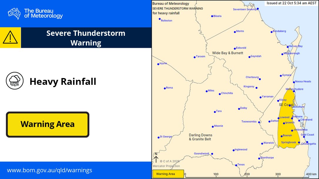 BOM_Qld's tweet photo. ⚠️5:34am: Severe #Thunderstorm Warning for heavy #rainfall for parts of Southeast Coast Forecast District.
Locations which may be affected include #Brisbane, #Caboolture, #Ipswich, #Jimboomba, #Boonah and #Springbrook.
Details: https://t.co/GvTgIPWiA5 https://t.co/UaIca2cCwZ