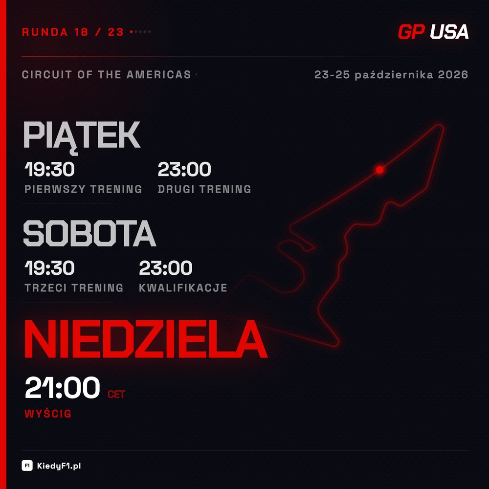 KiedyF1_PL's tweet photo. Teksas wzywa! GP USA to wieczory z F1: w piątek treningi o 19:30 i 23:00, w sobotę trening o 19:30 i kwalifikacje o 23:00. Wyścig w niedzielę o 21:00, już po zmianie czasu! Przypomnienie przed każdą sesją da Ci aplikacja KiedyF1: https://t.co/DawdUqFkR4

#KiedyF1 #F1PL https://t.co/lLp3G3MPPr