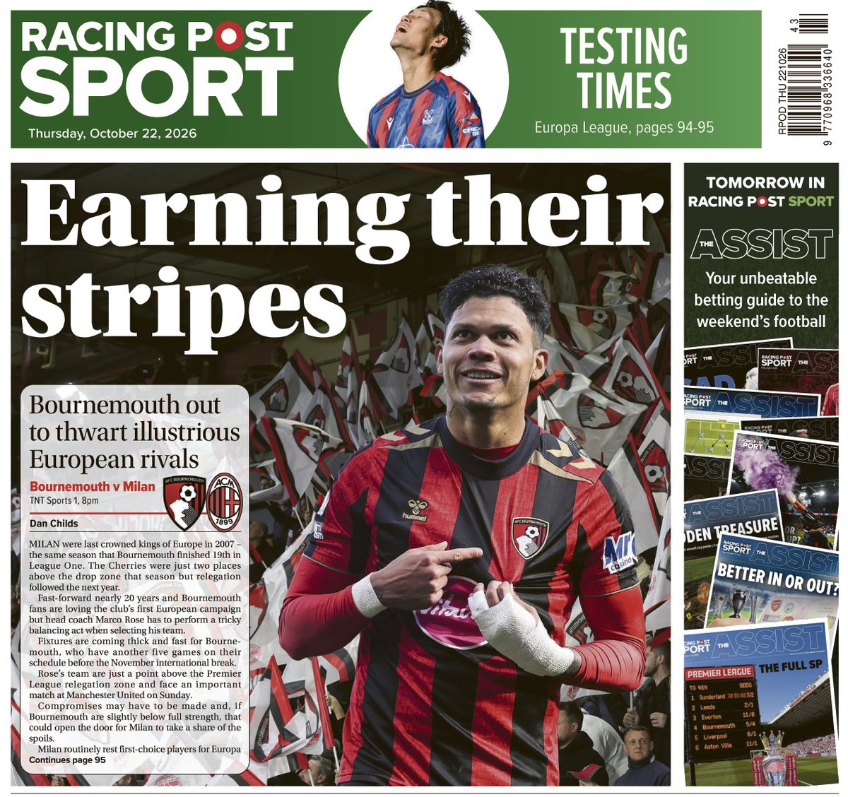 RacingPost's tweet photo. In tomorrow's @RacingPostSport 

⚽ Bournemouth host AC Milan in the Europa League  -find out the key punting pointers, best bet and bet builder advice https://t.co/Ekh5DP3SUM