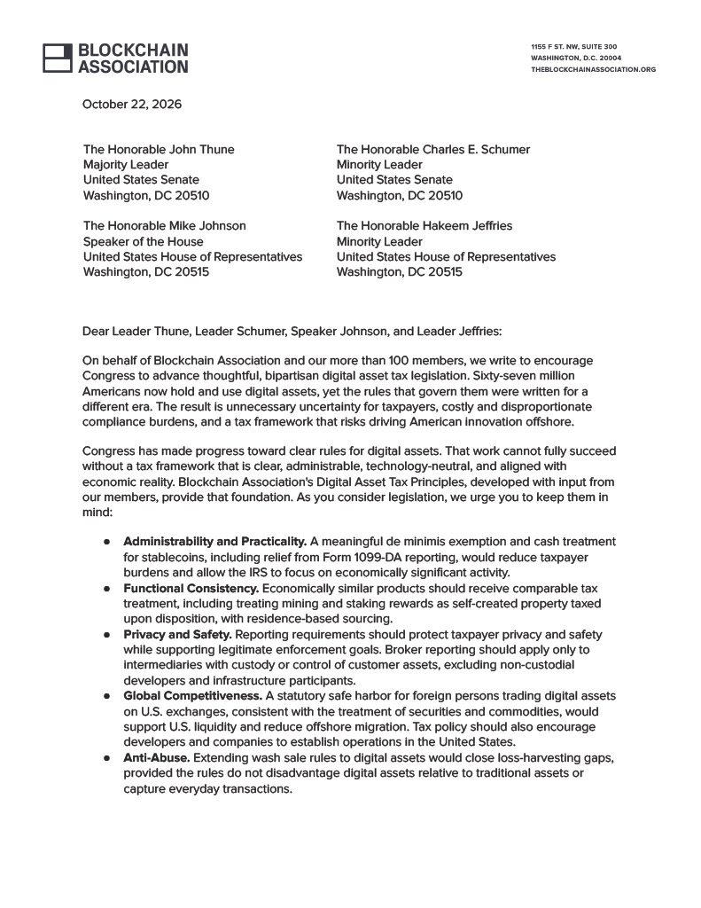 BlockchainAssn's tweet photo. 1/ Today, Blockchain Association sent a letter to Senate and House leadership urging Congress to advance thoughtful, bipartisan digital asset tax legislation.

We're also launching https://t.co/QeWIh0v2nV so Americans can make their voices heard.

https://t.co/yA9977VATC https://t.co/0fRoPrGgVl