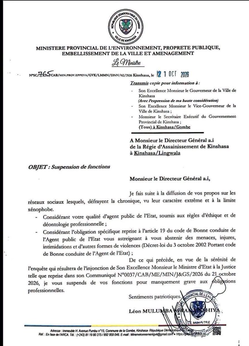 wembi_steve's tweet photo. #RDC: Fils Mukoko suspendu de ses fonctions à la tête de la RASKIN pour manquement grave aux obligations professionnelles. https://t.co/JZGPNo2WOf