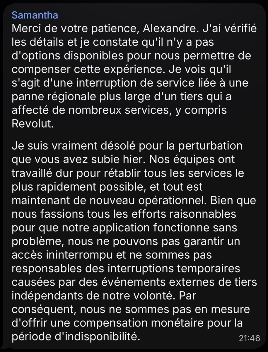 wharkinterface's tweet photo. Je paie Revolut Ultra à l'année, l'offre la plus chère.

Hier : app, carte, virements, retraits KO pendant quasi toute la journée.

La réponse de @Revolut quand je demande un geste : « pas responsables, pas de compensation ».

Ultra pour payer, basique pour assumer. 🙃 https://t.co/Dypp61Ozz9