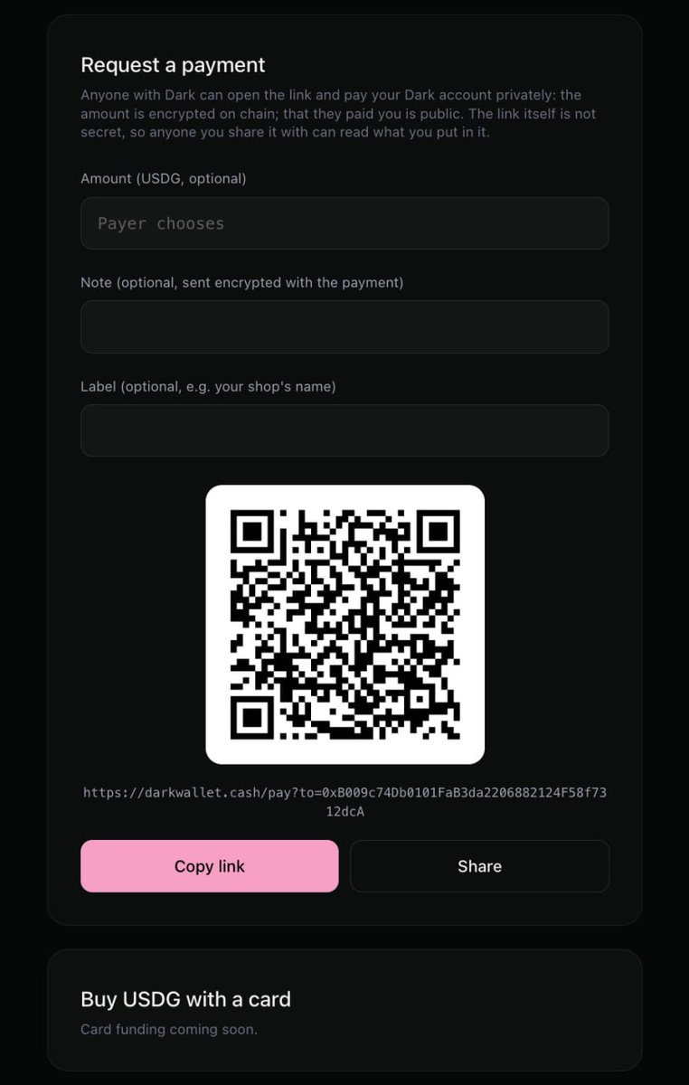 DarkWalletRH's tweet photo. Dark Pay is live.

Turn any amount into a payment link or QR code. Send it anywhere and get paid in USDG, with the amount hidden onchain.

https://t.co/31FWiLHLUp https://t.co/FEuTlNpclO