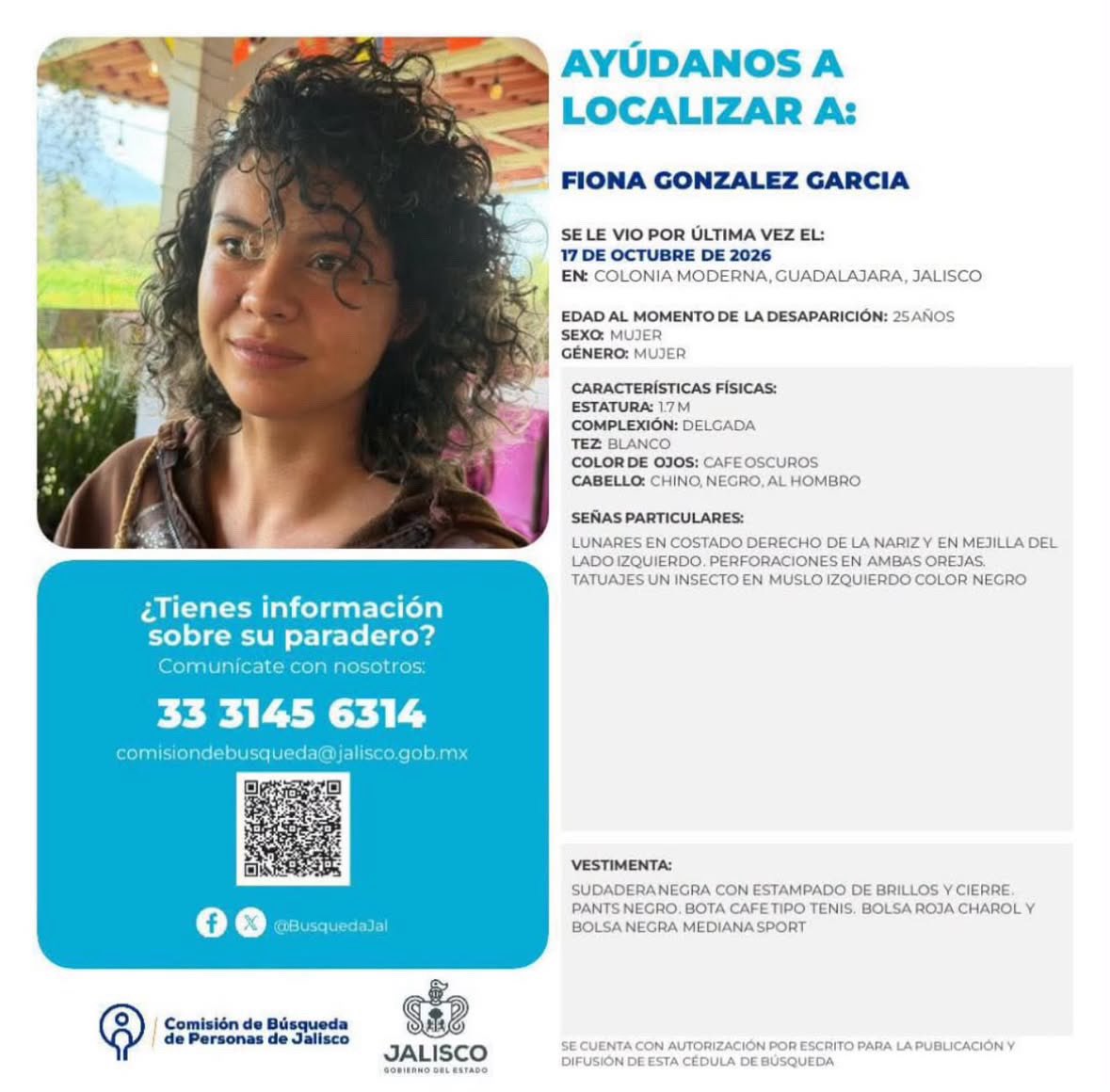 JaliscoRojo's tweet photo. Ayuda a localizar a FIONA GONZALEZ GARCIA reportada como desaparecida desde el 17 de octubre en la colonia moderna de Guadalajara. https://t.co/RmTrSl7n6H