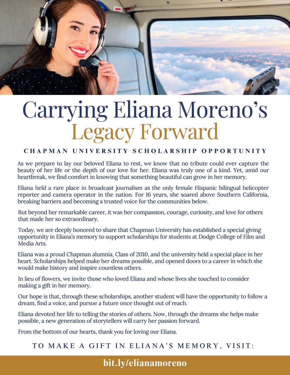 elianamoreno's tweet photo. A Special Announcement from Eliana Moreno's Family.

To make a scholarship gift in Eliana's Memory, visit: https://t.co/8mq1HXQ4BK https://t.co/xP6L5nW5iv