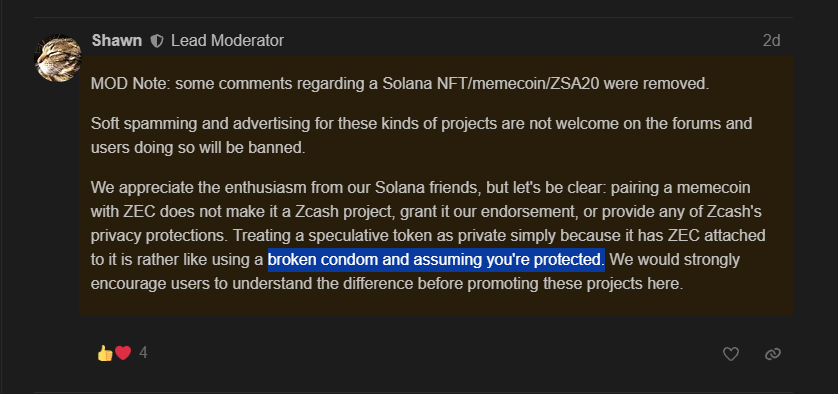 bbbbbbbb8d's tweet photo. this got overlooked earlier because the x movie tweet and he deleted tweet but its the best zcash pair nara we have had since zcat

The top zcash moderator and literally "the first Zcash community member" just gave us a god meme to run on sol

He commented 2 days ago under a post about ZEC on solana saying he likes solana but the spam about paired memecoins is stupid

He is mad because they are not encrypted like zcash and have nothing to do with it, he literally compares them to "using a broken condom and assuming you're protected"
https://t.co/wunSea6NRJ

Zooko himself says shawn is the most OG bagworker for zcash and he gave us a MEME TO RUN FOR PAIRED COINS
https://t.co/zBBdLwvWG0
https://t.co/C4s6W6KWIm