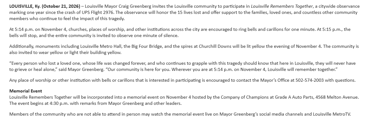 PaulMiles840's tweet photo. Mayor announces plans for a citywide observance of the anniversary of the UPS plane crash in Louisville. https://t.co/TIXESoTTlG