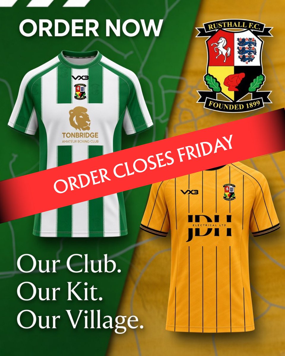FCRusthall's tweet photo. ‼️ LAST CHANCE TO GET YOUR RUSTHALL FC SHIRT! 👕🔥

⏰ The order window closes at 5pm this Friday — once it’s gone, it’s gone!

Don’t miss out on getting your hands on this season’s shirt. Get your order in before the deadline! 🟢⚪️

🛒 Head to our website via the link in our bio to order now!

#RusthallFC 🟢⚪️
