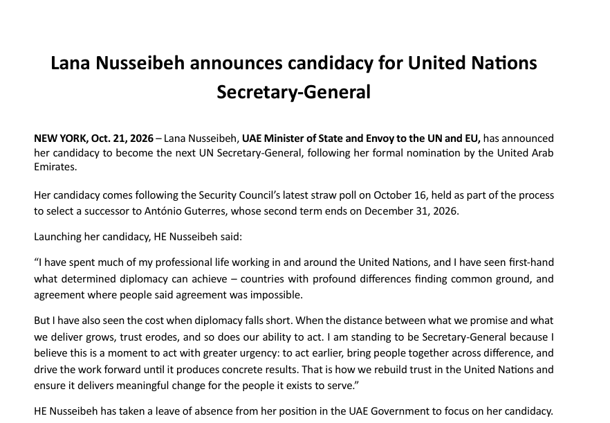 FarnoushAmiri's tweet photo. It's official: Lana Nusseibeh, the United Arab Emirates minister of state, has announced her candidacy for the United Nations Secretary-General. She joins a somewhat crowded race of female and male candidates, some whom have already undergone the long interview process. https://t.co/9OTP3MSHOg