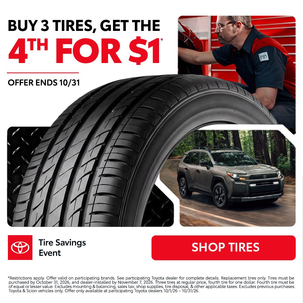 HighCountryAuto's tweet photo. This month at High Country Toyota, buy 3 tires and get the 4th for $1! https://t.co/IcUGqCuyK3 https://t.co/5QNcA3fBSQ