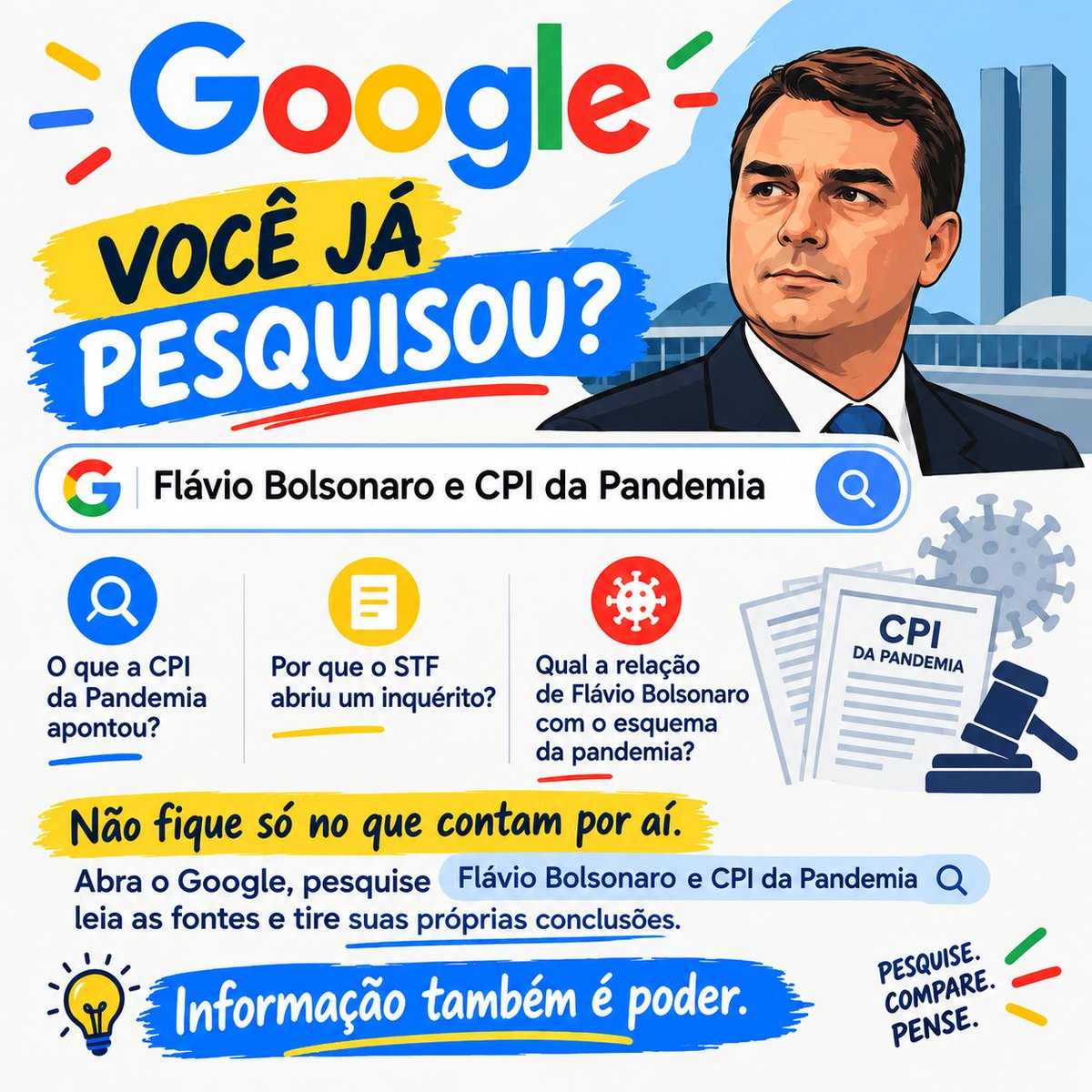 Nivea_Bruno's tweet photo. 🔎 Você já pesquisou?

O que a CPI da Pandemia apontou? Por que o STF abriu um inquérito?

Não fique só no que contam por aí. Abra o Google, pesquise Flávio Bolsonaro e CPI da Pandemia, leia as fontes e tire suas próprias conclusões.

Informação também é poder. https://t.co/evMAHTUhNG