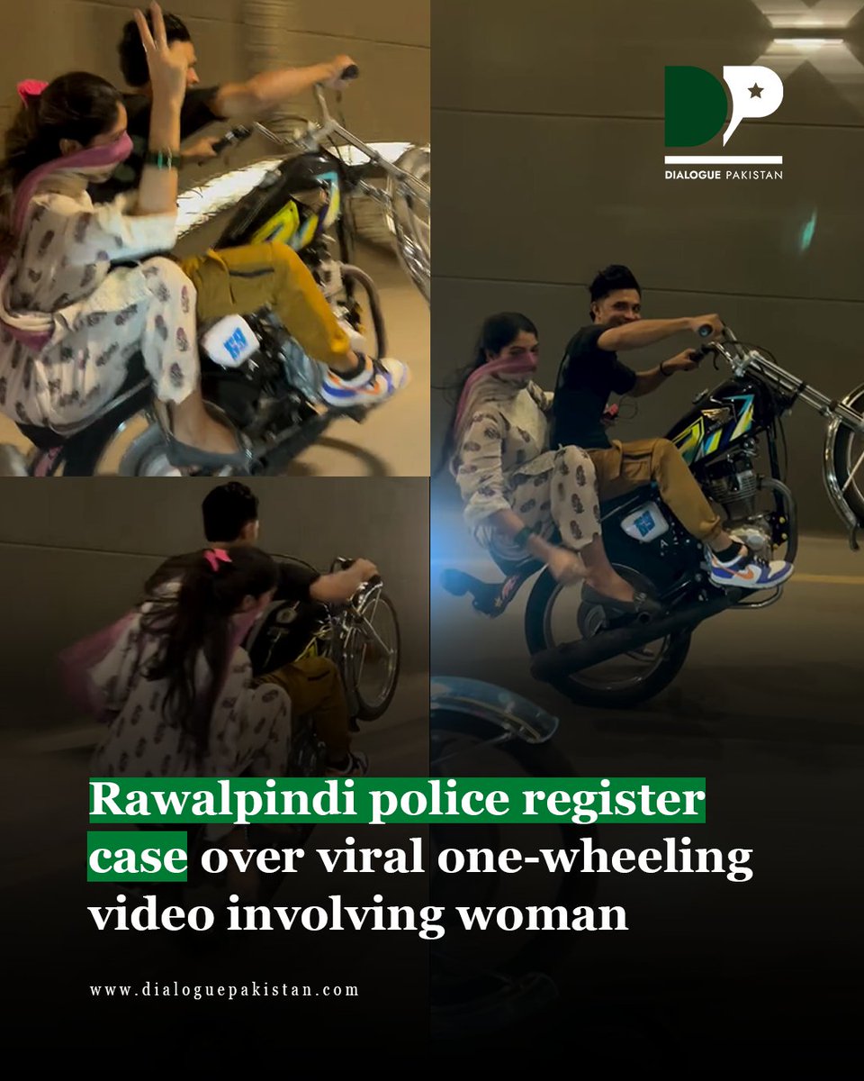 DialoguePak's tweet photo. Rawalpindi: Police have registered a case against individuals allegedly involved in a dangerous one-wheeling stunt with a woman after a video of the incident went viral on social media.

https://t.co/R96FUifiUm

#DialoguePakistan #RawalpindiPolice #Registered #wheeling https://t.co/ZZhgDsFmoF