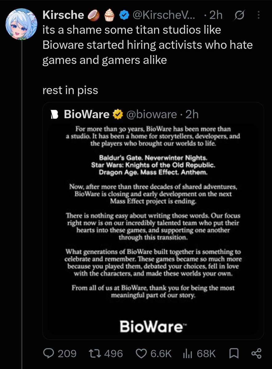 MiaMersion's tweet photo. As someone who worked for EA and Bioware for 3 years before becoming a creative director of another studio. I am gutted to hear this news, but Bioware has been fighting for survival since 2016 and I can say that this random person has no idea what the fuck they're talking about. https://t.co/3hMTCZCak6