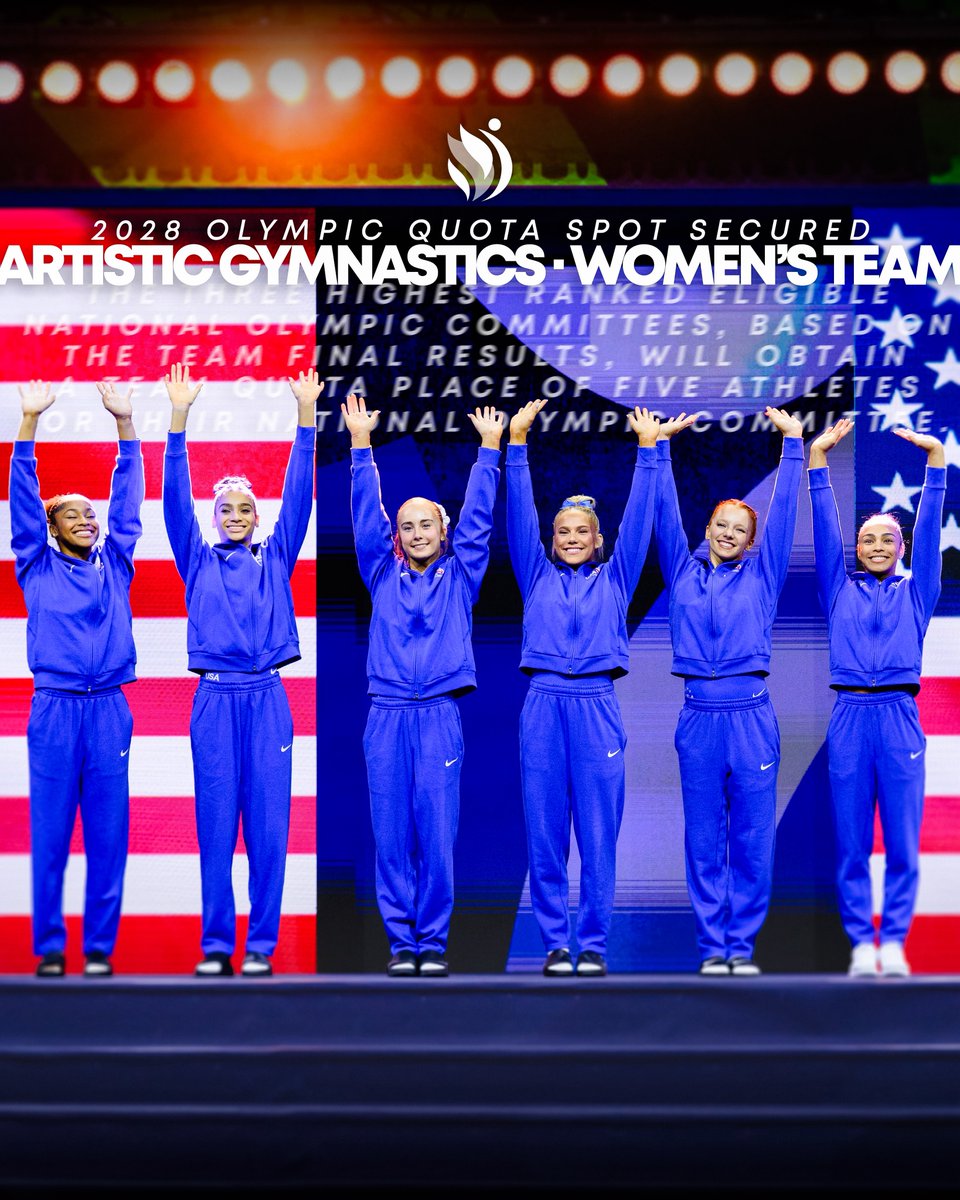 USAGym's tweet photo. WE’RE HEADED TO @LA28!

With their performance in the 2026 World Championships Team competition, the U.S. Women have punched a ticket to the 2028 Olympics! https://t.co/hYBEh6Jkh0