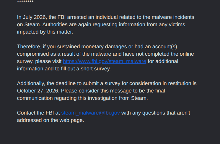 EricParker's tweet photo. new statement from steam and the FBI regarding "blockblasters" malware game. In general it looks like people who hid malware in steam games are cooked https://t.co/yRQsa6Jx4B