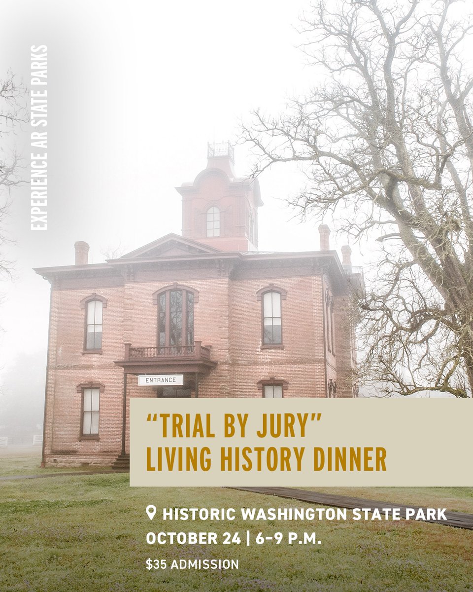 ArkStateParks's tweet photo. Step back in time and experience a real court case from 1856 at this weekend's "Trial by Jury" Living History Dinner at Historic Washington State Park! Reservations are required, so call the park at (870) 983-2684 to secure your spot. #ARStateParks #TheNaturalState https://t.co/rBlR6UkQuL