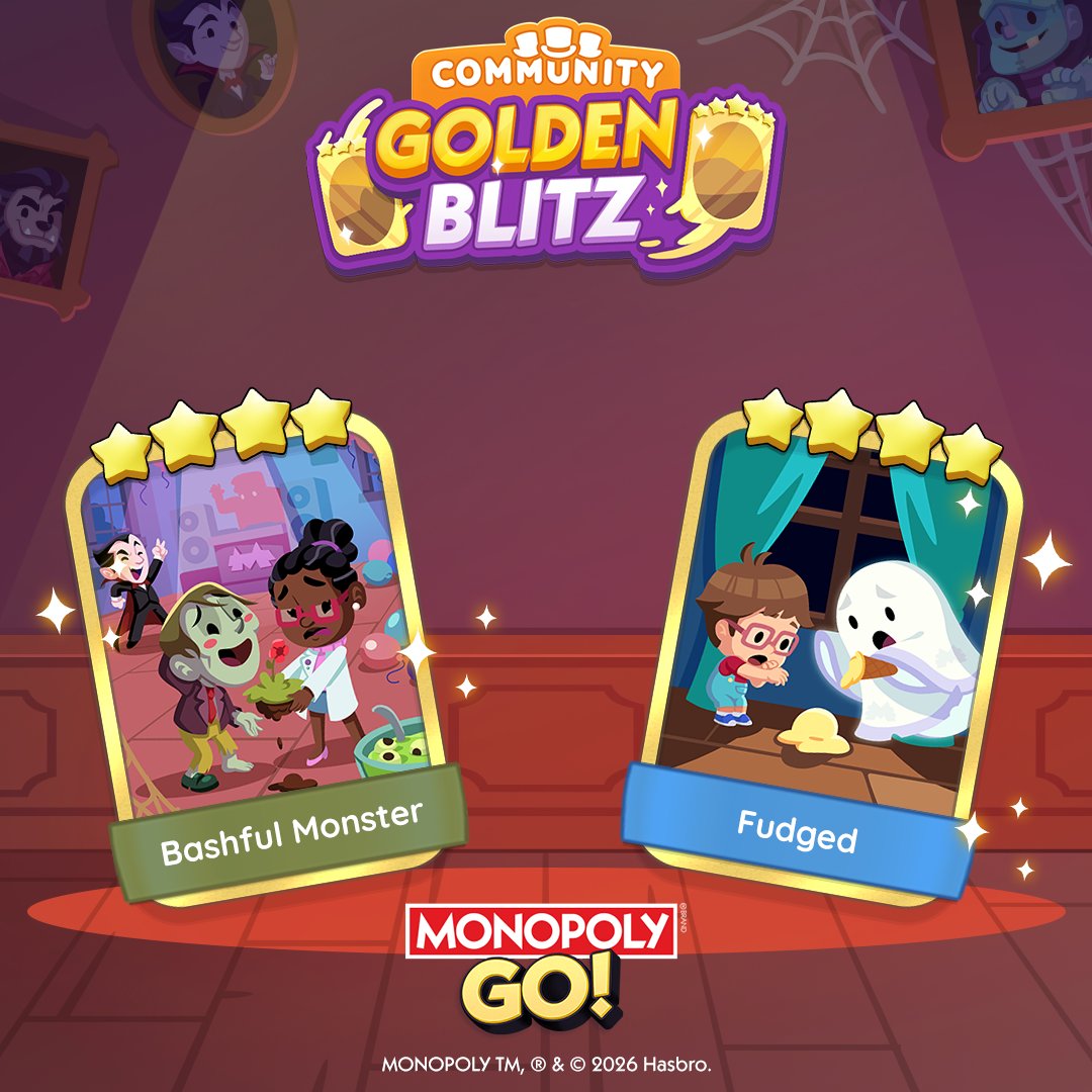 MonopolyGO's tweet photo. ✨ THE COMMUNITY GOLDEN BLITZ IS OFFICIALLY LIVE!

The Gold Stickers you voted for have emerged from the shadows! 

🕯️ Bashful Monster (Set 13)
🦇 Fudged (Set 14)

Check your Albums and get those trades going before these spooky picks disappear! https://t.co/mK07ufRDvo https://t.co/5ovtMJi6IC