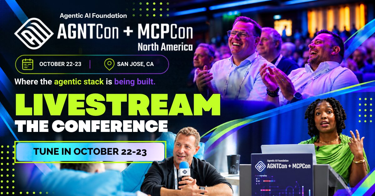 linuxfoundation's tweet photo. 📺 Can’t make it to San Jose? Tune in October 22 and October 23 for a livestream from AGNTCon + MCPCon North America.

Follow the ideas, people, and open tech shaping agentic AI and MCP, from anywhere.

Get the full details and watch live here >> https://t.co/xzMZrT5S40 https://t.co/KZfQ3GBszx