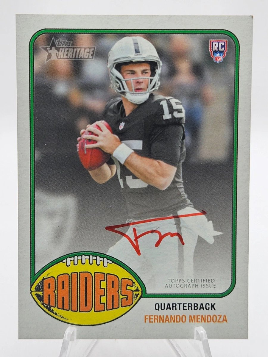 Topps's tweet photo. JUST PULLED: A Fernando Mendoza Red Ink Rookie Autograph just surfaced on eBay 🔥 https://t.co/zvOpAzU9FH