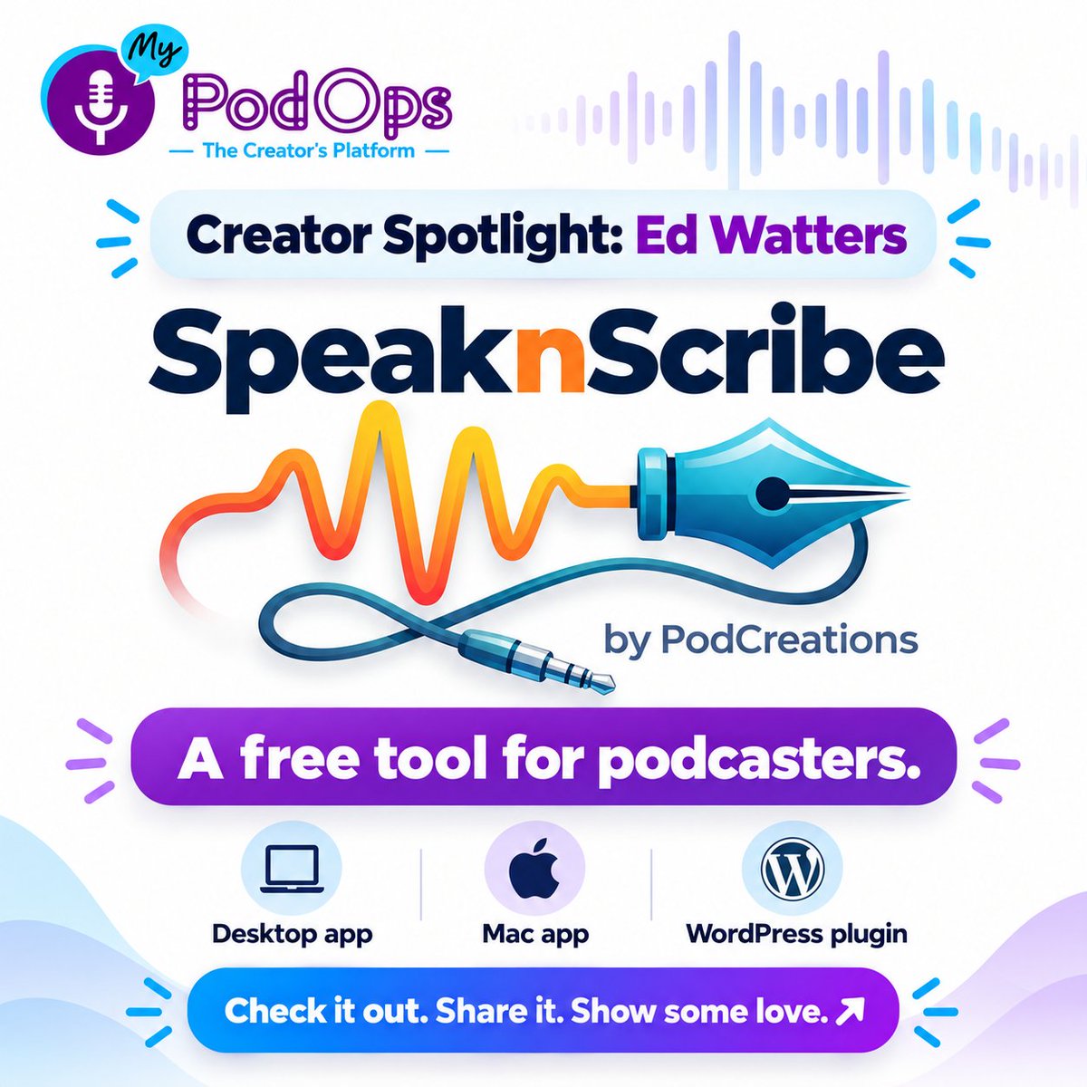 MyPodOps's tweet photo. Creator Spotlight: @FreeCircle3 (Ed Watters)

Ed, one of our MyPodOps podcasters, created SpeaknScribe and is making it FREE for podcasters.

🌐 WP: https://t.co/dBGrbfm3fp...
💻: https://t.co/xd9adELrfU...

“It’s not about money; it’s about the podcaster.”
#PodOps #SpeaknScribe https://t.co/tCFUGOxOV1