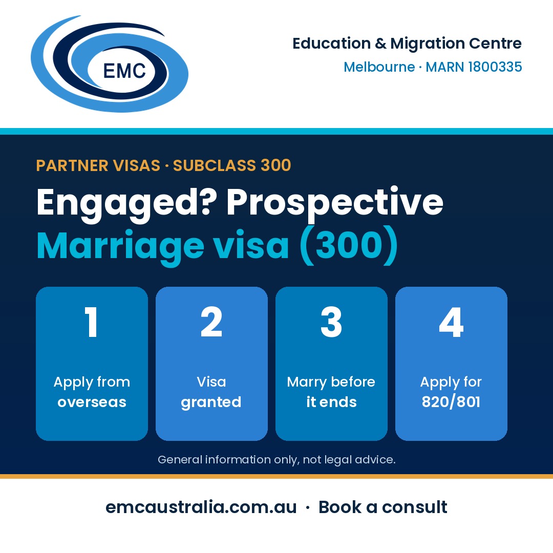au_emc's tweet photo. Engaged, and your partner is overseas? The Prospective Marriage visa (300) lets them come to Australia to marry you. They apply from outside Australia, you marry before the visa ends, then apply for the 820/801 Partner visa.
#PMV
MARN 1800335 https://t.co/hQlO9GVURN https://t.co/ticrXR2Xuo