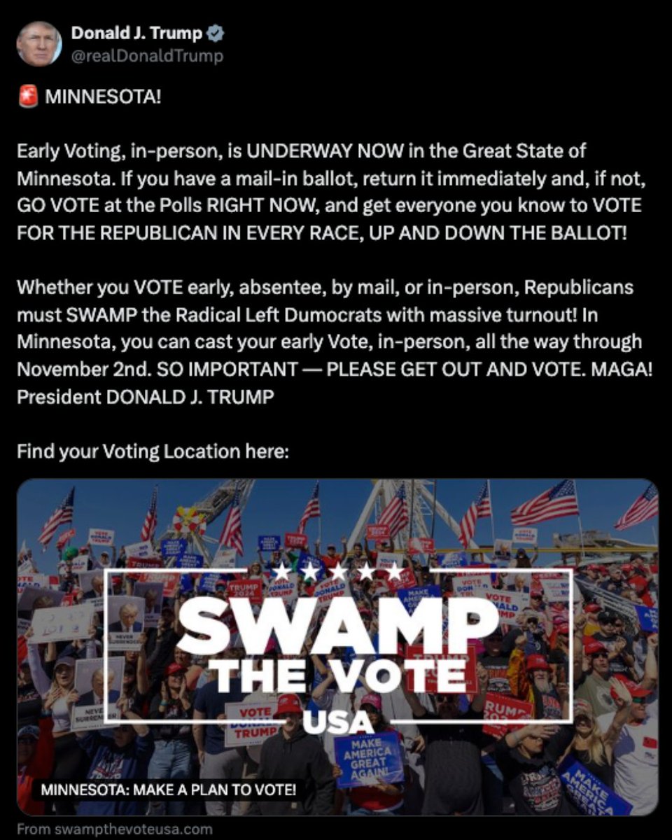keithellison's tweet photo. The man who launched Metro Surge, terrorized our state, and got two Minnesotans killed wants you to vote for my opponent. That's all you need to know. https://t.co/hbLOtNtlna