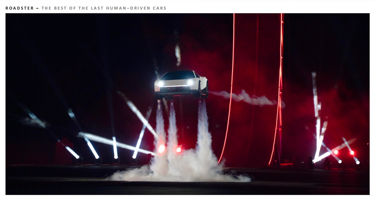 Slide labeled Roadster showing a car on a dark stage lit by red lights and sparks