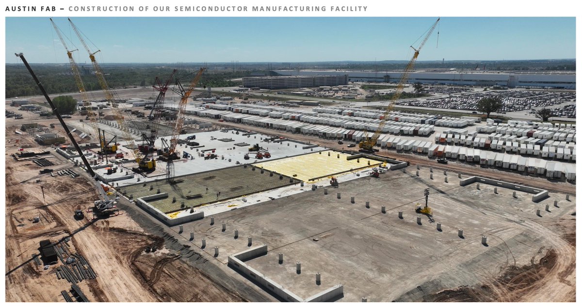 Slide labeled Austin Fab, construction of our semiconductor manufacturing facility, showing an aerial view of a large construction site with cranes