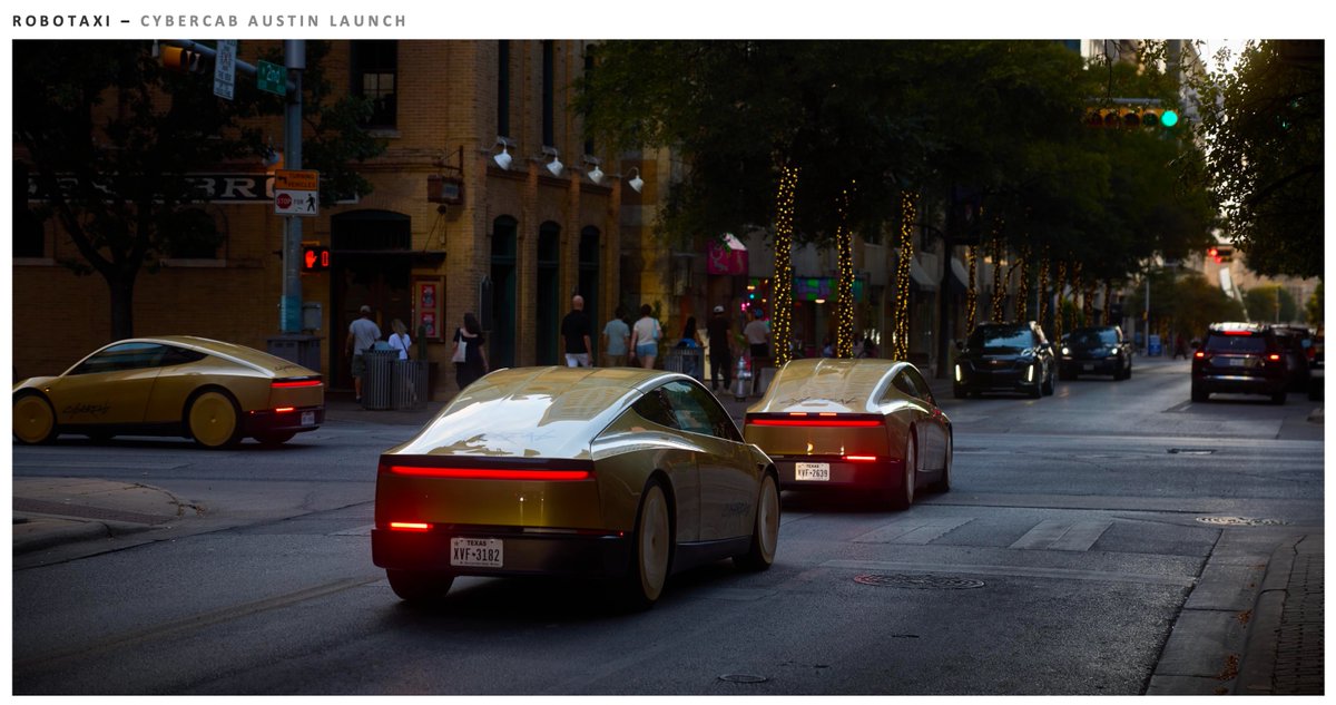 Slide labeled Robotaxi, Cybercab Austin launch, showing gold two seat Cybercabs driving on a city street