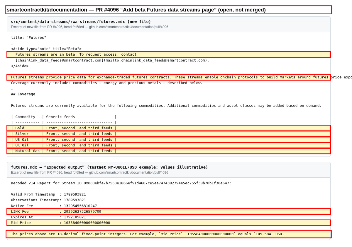 ScarisCRE's tweet photo. Chainlink Data Streams looks like it's going to add commodity futures 🪙🛢️

A new beta "Futures" documentation page says:

"Futures streams provide price data for exchange-traded futures contracts. These streams enable onchain protocols to build markets around futures price exposure."

Coverage listed: Gold, Silver, US Oil, UK Oil, and Natural Gas, each with front, second, and third-month feeds that roll over automatically when a contract expires, so builders "never need to re-point feed endpoints".

How this impacts revenue:

Chainlink's Q3 review says Data Streams "opened self-serve paid access for market makers and algorithmic traders, with subscriptions to individual streams and market bundles."

This is another Data Streams product to sell.

https://t.co/SoYFMreRL0

ethereum:0x514910771af9ca656af840dff83e8264ecf986ca
