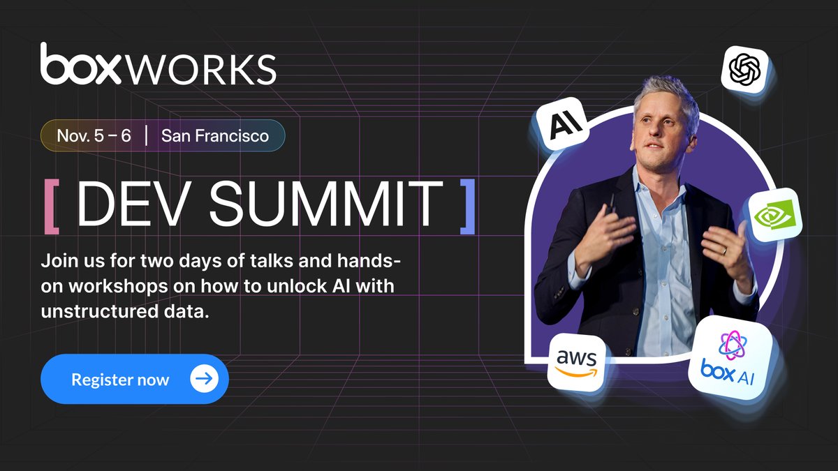 Box's tweet photo. At BoxWorks, learn from @OpenAI, @nvidia, and @awscloud, alongside a community of developers and technical builders.

Join us November 5–6 in San Francisco for technical sessions, interactive demos, and hands-on programming workshops,

Limited number of free developer summit passes are still available. Grab yours here: https://t.co/vkaw9EFHUq