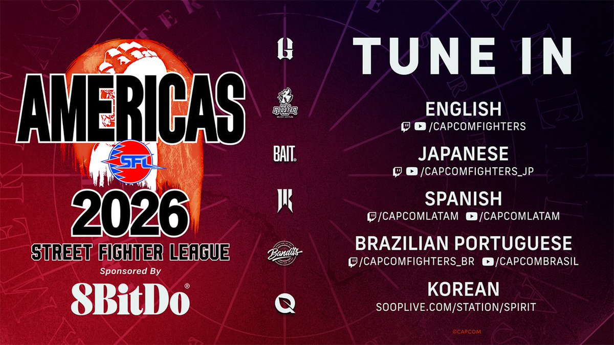 CapcomFighters's tweet photo. We're just 2 days away from the start of the season, so check out all of the streams and official co-streams for #SFLAMERICAS2026! 🌎

🇺🇸 English: https://t.co/O2zoYSBPNY & https://t.co/CzaB7a9dyl
🇯🇵 Japanese:  https://t.co/glMgGvhOn5 & https://t.co/yjlAiUADEM
🇰🇷 Korean: https://t.co/YS3z8s1eKS
🇧🇷 Portuguese: https://t.co/QxiUVXRbs9 & https://t.co/bfD0qVb13g
🇪🇸 Spanish: https://t.co/3YpolfNcqg & https://t.co/vWkKULTrc1

Want to join us in person? Grab your tickets now. 
🔗: https://t.co/Zj3ZNxzj3y

Live from Oct 23.