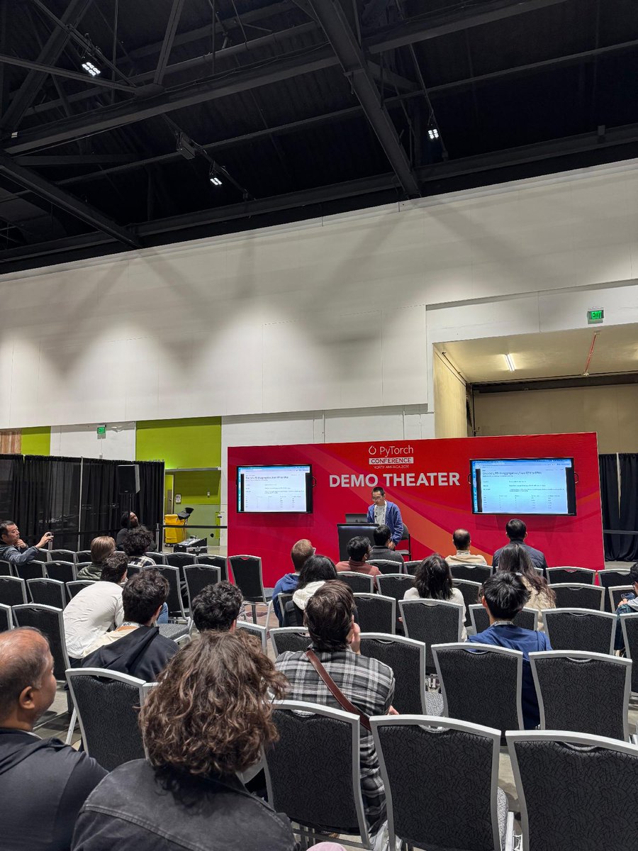 PyTorch's tweet photo. Wednesday's Demo Theater at #PyTorchCon features 13 presentations on training, inference, hardware enablement, and agentic workflows. All sessions are in the Community Expo on the Concourse Level.

10:40–10:50 AM: Maen Suleiman (@awscloud) demos reinforcement learning on Trainium through TorchNeuron, the native PyTorch backend for AWS Trainium, with TorchTitan training, vLLM-Neuron generating rollouts, Monarch orchestrating, and TorchStore syncing weights.

10:55–11:05 AM: Ali Taha (@baseten) breaks down how Wan 2.2 generates a five-second video in under three seconds, a 53.6x improvement over baseline, using timestep distillation, custom kernel engineering, and four-bit quantization.

12:20–12:30 PM: Rain Jiang and Kevin Li (@verdacloud) demo WideEP for expert-parallel MoE inference on an NVIDIA NVL72 system, using a Rust-based frontend to run and monitor the workload.

12:35–12:45 PM: Tristan Webb (@dMatrix_AI) presents dmx-compressor, a PyTorch 2.0 based quantization framework that gives ML engineers numerical reference output to validate models running on ASIC hardware.

12:45–12:55 PM: Lin She (@clockworkio) demos surviving link and node failures in PyTorch training live, with LinkPass and TorchPass keeping the job running on the same training step.

1:00–1:10 PM: Ashok Emani and Qiacheng Li (@intel) show AI Playground Home Agent, which runs PyTorch AI workflows on an Intel AI PC and lets you use them from your phone.

1:15–1:25 PM: Zesheng Zong (@Huawei) presents CRCR (Cross-Repository CI Relay) for joint testing between PyTorch pull requests and accelerator backends, catching regressions at the PR phase.

1:30–1:40 PM: FNU Harsh and Sarah Ahmed (@LightningAI) demo an agent reproducing ML research on Lightning, showing where it succeeds autonomously and where it needs intervention.

1:45–1:55 PM: George Novack (@inferact) introduces TPU megakernels, with Kimi K3 megakernels running inside vLLM-TorchTPU.

2:00–2:10 PM: Jay Dawani (Lemurian Labs) examines why heterogeneous computing is so hard and what a hardware-agnostic stack has to get right.

2:15–2:25 PM: Minwook Ahn (@RebellionsAI) shares how extending PyTorch's device abstraction to support device-persistent tensors minimizes data movement between host and device.

2:30–2:40 PM: Jesse Treger (HPE) introduces OpenCLIC, an open inference communication framework for connectionless networks that is being integrated with vLLM.

3:55–4:05 PM: Mengjin Yan and Joshua Lee (@anyscalecompute) cover evolving Ray Core for post-training at scale, from scaling Ray's scheduling to 10,000-node clusters to moving PyTorch tensors directly between GPUs with Ray Direct Transport.

View the Demo Theater schedule: https://t.co/Sn5gpWxGHO