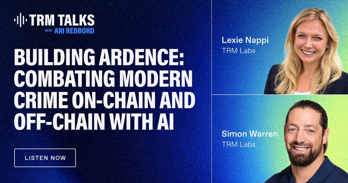 trmlabs's tweet photo. Last week TRM announced Ardence, an AI investigation platform. In the latest #TRMTalks, @ARedbord sits down with two of its builders, Simon Warren and Lexie Nappi, to talk about how analysts start from a single seed, how TRM chose its 50+ data partners based on what clients asked for, and how the AI's reasoning gets graded.

🎙️Listen now ▶ https://t.co/WZFH65pnKK