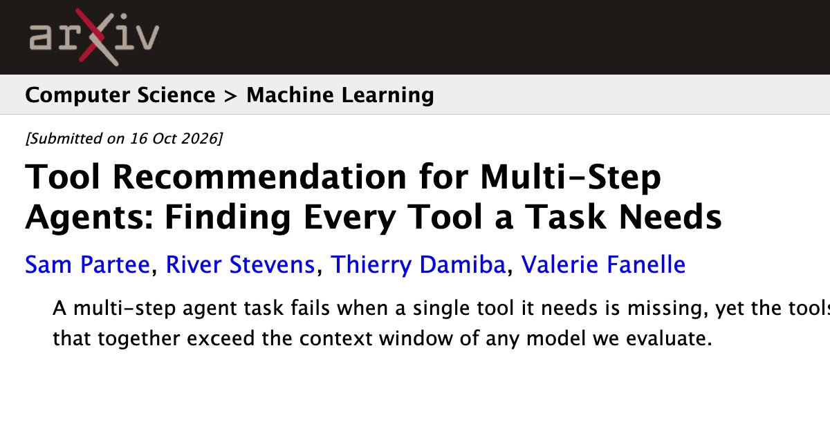 TryArcade's tweet photo. @SamPartee , River Stevens, @ptdamiba, and Valerie Fanelle put the research behind https://t.co/dBXpdhwR8b’s Tool Recommendation on arXiv. These are the details behind all the token cost reduction and ToolRet scoring. For the nerds: https://t.co/qiABvBrD0H https://t.co/Xt7LolpDCp