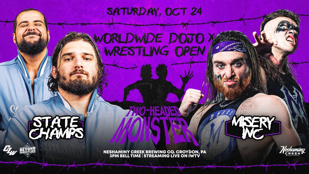 CheeseburgerROH's tweet photo. STATE CHAMPS VS MISERY INC

First time ever tag match-up, our two best tag teams representing the @WorldwideDojo Sat, Oct 24th! 

ALMOST HERE: @beyondwrestling x @WorldwideDojo on Saturday, 10/24 at @NCBCBeer in Croydon, PA!

Come watch live!
🎟️: https://t.co/8r26zFWUuH https://t.co/piLsDv0pCr